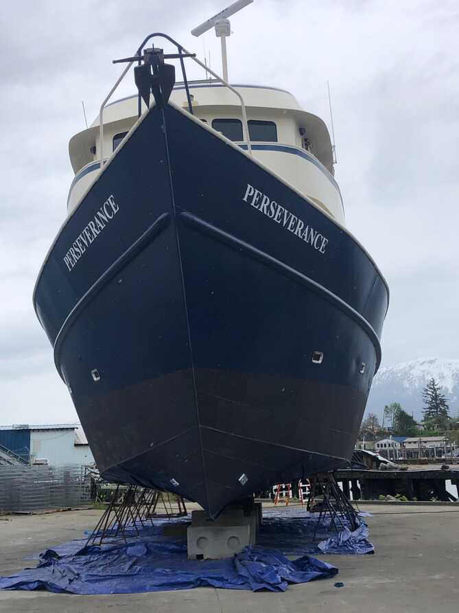 Pocket trawler moored at dock in Southeast Alaska
