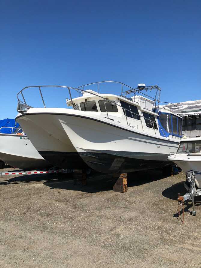 Boat hauled out on trailer for pre-purchase inspection
